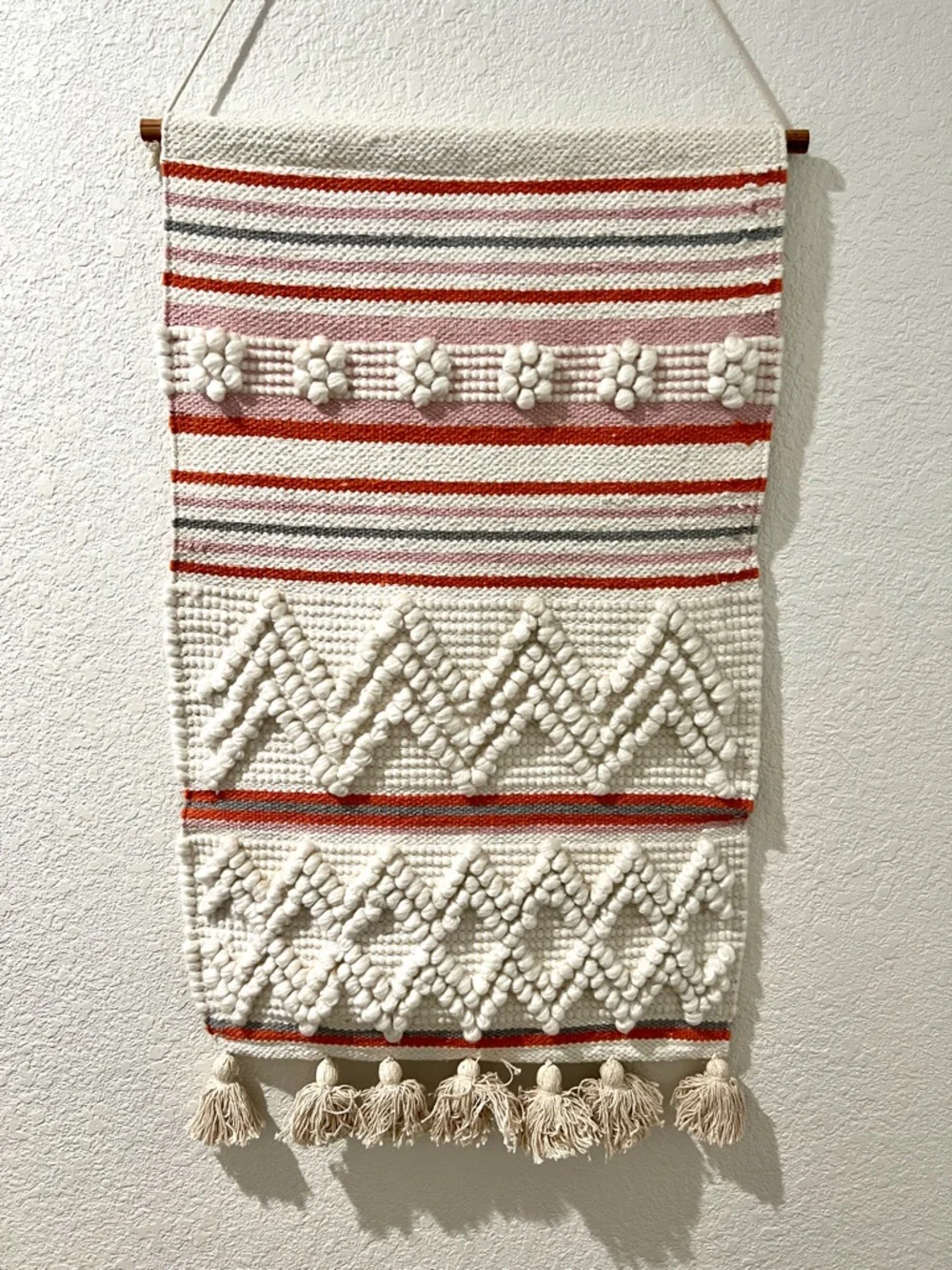 Handwoven Boho Wall Hanging with Tassels - Cream, Rust & Pink Stripes